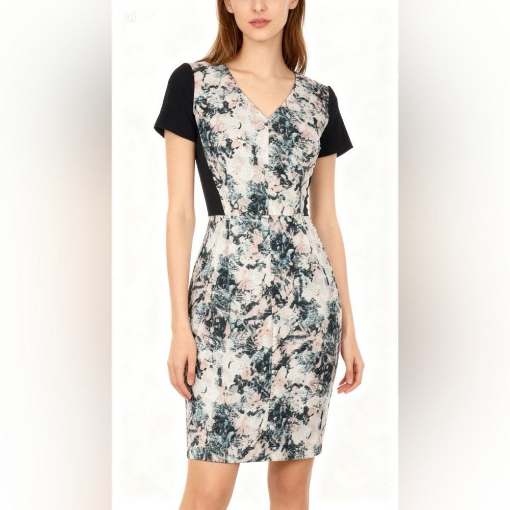 Club Monaco floral sheath like day dress with textured fabric short sleeves
